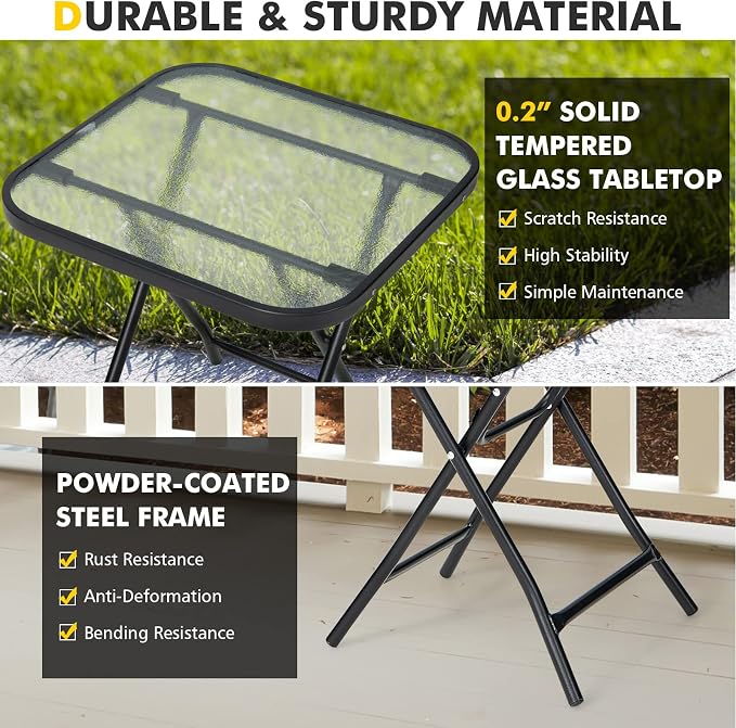 LDAILY 18” Folding Outdoor Side Table, Square End Table with Tempered Glass Tabletop & Sturdy Steel Frame, Portable Patio Table for Balcony, Backyard, Poolside & Indoor Use, Black