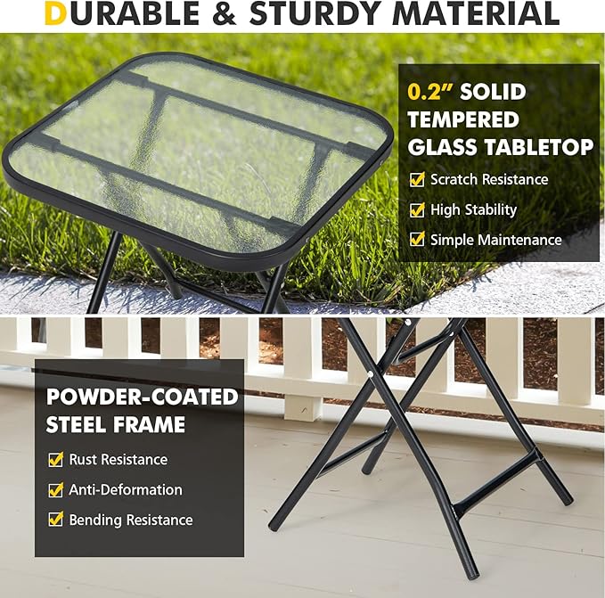 HAPPYGRILL 18” Folding Square Glass Side Table, Portable Patio Bistro Coffee Table with Tempered Glass Tabletop, Solid Steel Structure, Ideal for Poolside Backyard Living Room