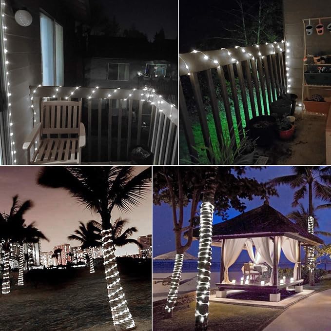 Brightown 2 Pack Total 78FT 200LED Solar Rope Lights, Pure White | IP65 Waterproof Solar Fairy Lights with 8 Lighting Modes, Outdoor String Lights for Party Garden Yard Holiday Tree Decoration