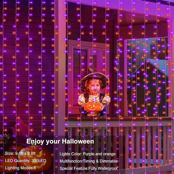 echosari Halloween Curtain Lights Battery Operated 300 LED Purple Orange | 9.8Ft x 9.8Ft Hanging Lights with Remote Timer for Party Garden Yard Decor