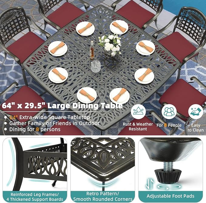 MEETWARM 9-Piece Outdoor Patio Dining Set for 8, All Weather Cast Aluminum Patio Funiture Table and Chairs Set- Large 64" Square Table and 2 Swivel Rocker Chairs, 6 Stationary for Garden, Red