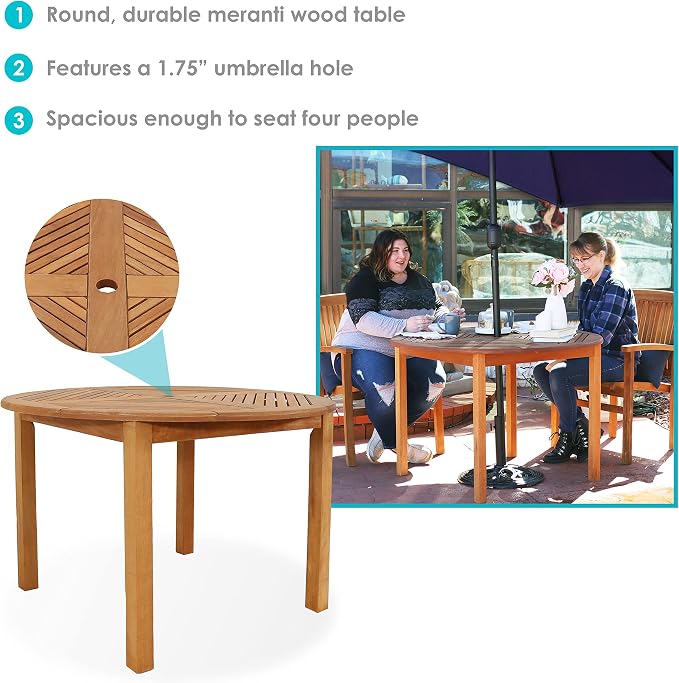 Sunnydaze Outdoor Patio Table with Umbrella Hole for Shade – 42-Inch Round Wood Dining Table for Backyard Gatherings, Outdoor Meals & Comfortable Patio Dining - Teak Oil Finish