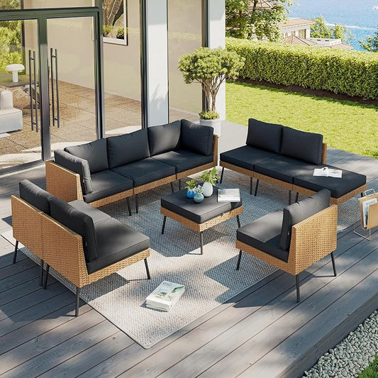 Aoxun 10 Piece Patio Furniture Set, 10 Seats Outdoor Sectional Sofas with Thick Cushion, Wicker Outdoor Patio Furniture Set with Ottomans for Party, Garden, Backyard, Black