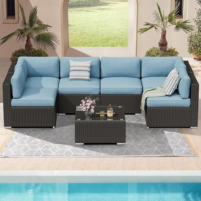 7 Pieces Outdoor Patio Furniture Set, Black Brown Wicker Patio Sectional Sofa Set, Outdoor Couch with Cushion and Tempered Glass Table, Sky Blue