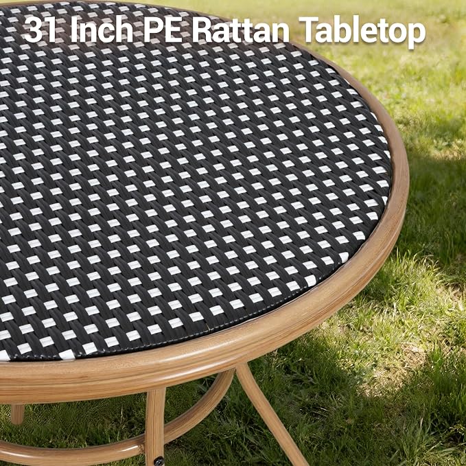 31" Round Outdoor Bistro Table, All-Weather PE Rattan Patio Side Table w/Sturdy Metal Frame & Adjustable Foot Pads, Wicker Dining Table for Poolside Backyard Garden Balcony, Black/White