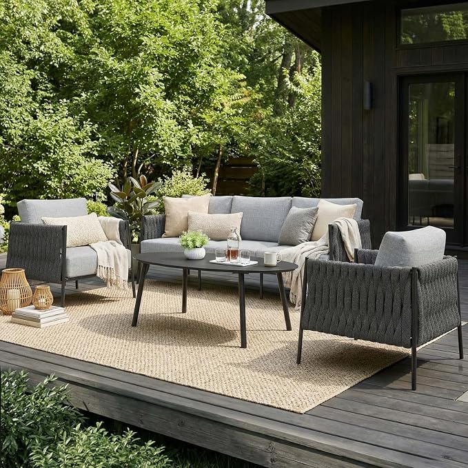 LayinSun 4 Piece Outdoor Furniture Set with Coffee Table, Modern Rope Woven Patio Conversation Sofa Set with Olefin Braid and Deep Seating