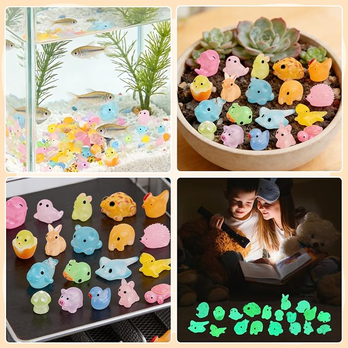 100Pcs Luminous Mini Resin Animals Bulk, 20 Styles Glow in The Dark Plastic Tiny Animals Figures for Fairy Garden, Dollhouse, Aquarium, Party Favors & Home Decor Crafts