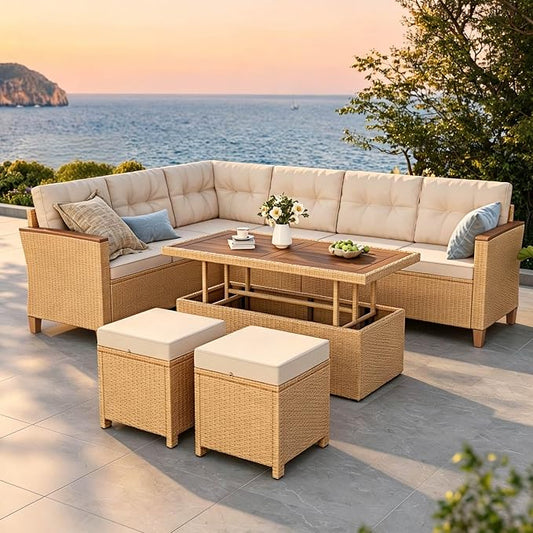SUNSHINE VALLEY Patio Furniture Set, 6 Piece Wicker Outdoor Patio Conversation Set, Outside L-Shaped Sectional Sofa Couch with Chaise Lounge and 2 Ottomans, 1 Height Adjustable Table for Lawn