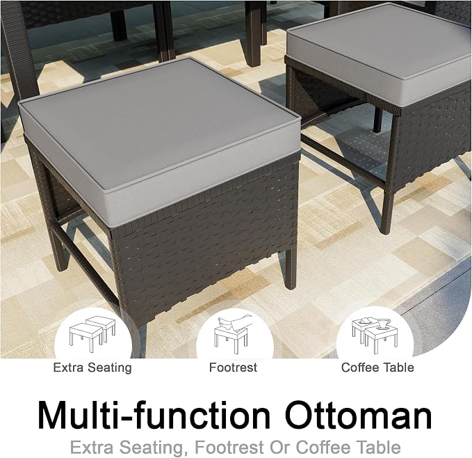 7 Pieces Outdoor Dining Set, Wicker Conversation Patio Furniture with Glass Table, L-Shaped PE Rattan Sectional Sofa Seating with Ottomans for Outside, Backyard, Balcony, Garden, Gray Cushions