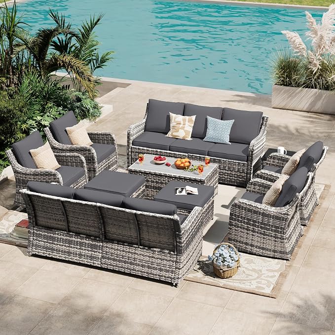 MEISSALIVVE Outdoor Patio Furniture Set with Swivel Chair, 10 Pieces Patio Conversation Set, Patio Sectional Furniture Set with 2 Three-seat Sofa, 2 Fixed Single Chair and Coffee Table (Grey)