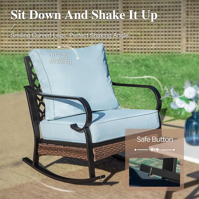 HERA'S HOUSE 4 Piece Metal Patio Furniture Set, 2 x Rocking Cushioned Chair, 2-Seat Lover Sofa with Coffee Table, All Weather Outdoor Conversation Set for Lawn Garden Backyard Deck, Blue