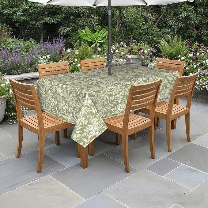 DYTXIII Outdoor Rectangle Tablecloth with Umbrella Hole and Zipper 84" x 60", Water Repellent Floral Picnic Cover, Fade & Wrinkle Resistant Tablecloth for Patio/Garden/Party Table, Tropical Leaf Green