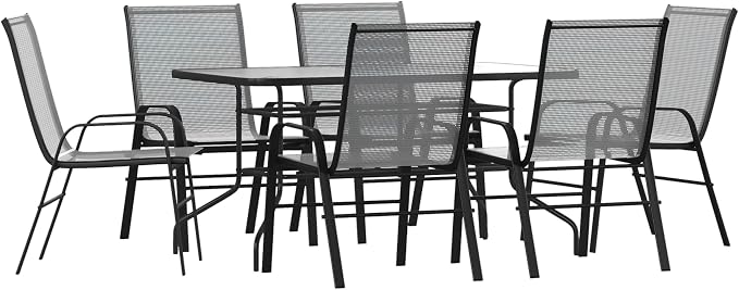 EMMA + OLIVER Seven Piece Indoor/Outdoor Dining Set - Metal Table with Tempered Glass Top - Six Gray Flex Comfort Chairs- Umbrella Hole - All Weather