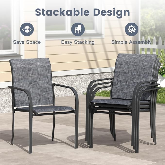VICLLAX 9 Pieces Patio Outdoor Dining Set, 70" Outdoor Rectangular Metal Dining Table with Umbrella Hole and 8 Stackable Textilene Chairs for Lawn, Garden, Porch, Black/Grey