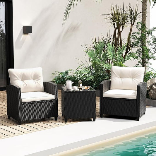 RELAX4LIFE 3-Piece Patio Furniture - Wicker Rattan Bistro Sofa Set w/Glass Top Coffee Table, Washable Cushions for Porch Balcony Backyard Poolside, Outdoor Conversation Set (Off White)