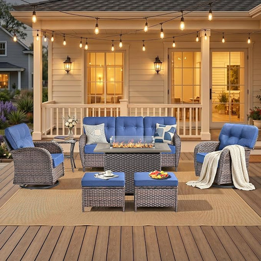 7 Piece Outdoor Patio Furniture Set with Fire Pit Table,Conversation Sectional Wicker Couch with Swivel Chairs,Modern Outside Sofa for Balcony Backyard, Brown/Blue