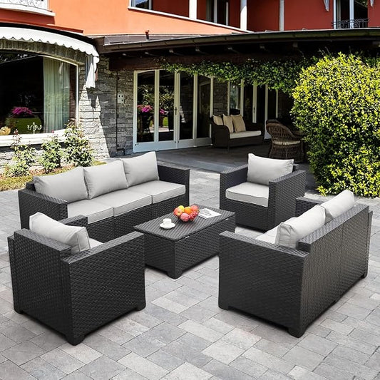 5-Piece Outdoor Wicker Patio Furniture Set with Sectional Sofa Couch, Storage Table, Royal Blue Anti-Slip Cushions, Waterproof Covers for Garden, Porch, Backyard Lounge(Gray)