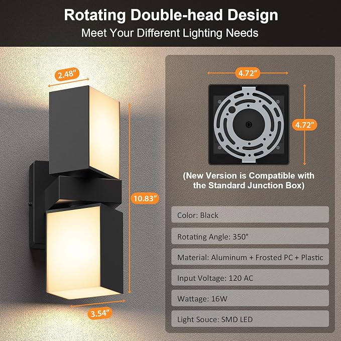 XMCOSY+ Smart Outdoor Wall Lights, 1400LM RGBCW Porch Lights 2-Pack | Smart App Control, Alexa Compatible, Color Changing Warm & Cool White, IP65 Waterproof 350° rotating dual heads Wall Sconce