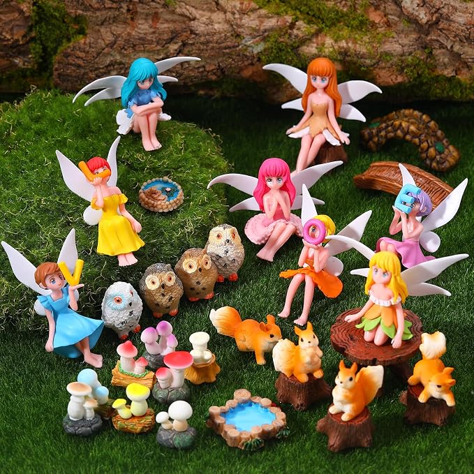 33 Pcs Fairy Garden Miniature Kit Resin Fairies Animal | Weatherproof Solid Resin, PVC Colorful Fairies, Assorted Animal Mushroom Pond Decor, for Terrarium Patio Dollhouse DIY Craft