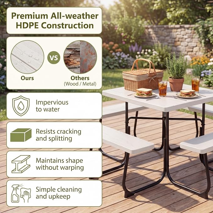 GYMAX Picnic Table Bench with Umbrella Hole, 8 Person Square Outdoor Picnic Table with Metal Frame & HDPE Tabletop, Camping Table for BBQ Yard Patio, 2300LBS Capacity (White)