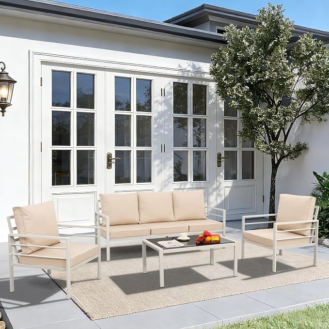 Oasishine 4-Piece Aluminum Patio Furniture Set White Outdoor Metal Frame Sofa Set with High Backrest Seating Glass Coffee Table All-Weather with Non-Slip Cushions and Waterproof Covers, Khaki