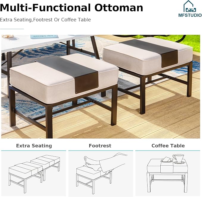MFSTUDIO 5 Pieces Patio Conversation Sets,Outdoor Metal Furniture Sofas with 1 x 3-Seat Sofa, 2 x Rocking Chairs,2 x Ottoman,Wrought Iron Frame with Beige Cushion for Patio Courtyard Balcony