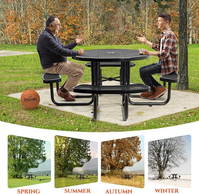 Ceridwen Heavy Duty Picnic Table with 4 Benches, Expanded Metal Steel Mesh Outdoor Patio Dining Table Bench Set with Umbrella Hole,Outdoor Patio Dining Table for Garden (Round, Black, 46FT)