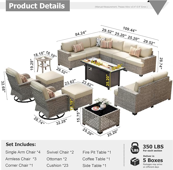 HOOOWOOO Outdoor Sectional Patio Furniture Set with Fire Pit Table,15 Pieces Wicker Conversation Sets L Shaped Couch,Extra Deep Out Door Sofa Outside Furniture with Swivel Chairs Ottoman,Beige