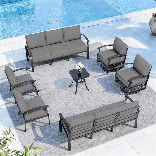 ALAULM Aluminum Patio Furniture Set with 2 Swivel Chairs 10-seat Metal Outdoor Furniture Patio Sectional Sofas Patio Conversation Set w/5.1" Cushions for Patio, Backyard, Poolside-Grey