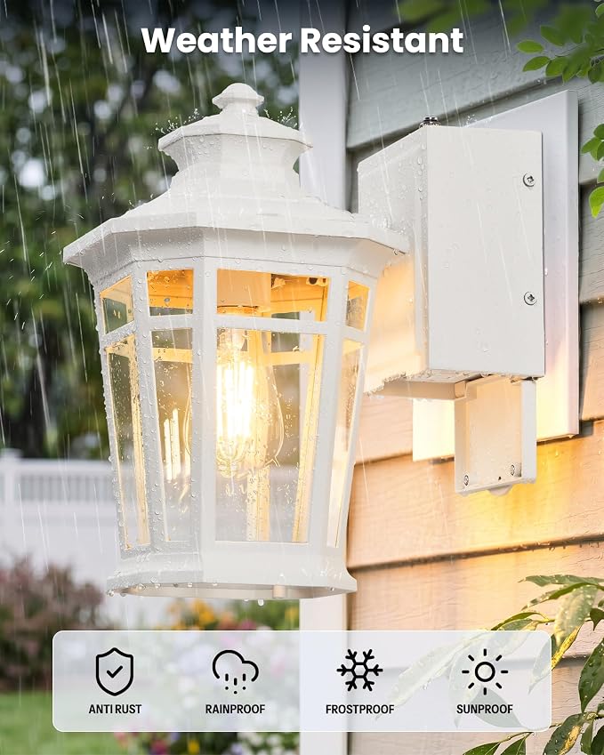Gleamz Large Porch Lights Outdoor with GFCI Outlet, White Exterior Lighting Fixtures with Dusk to Dawn Sensor, Front Porch Light Wall Mount, Patio Wall Light Fixture for Garden Front Door Coach