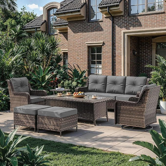 Kurapika 7-Piece Patio Furniture Set, Wicker Thick-Backed Outdoor Swivel Rocking Chair, Includes Coffee Table and Thick Cushions, Conversation Set for Porch,Patio, Gray