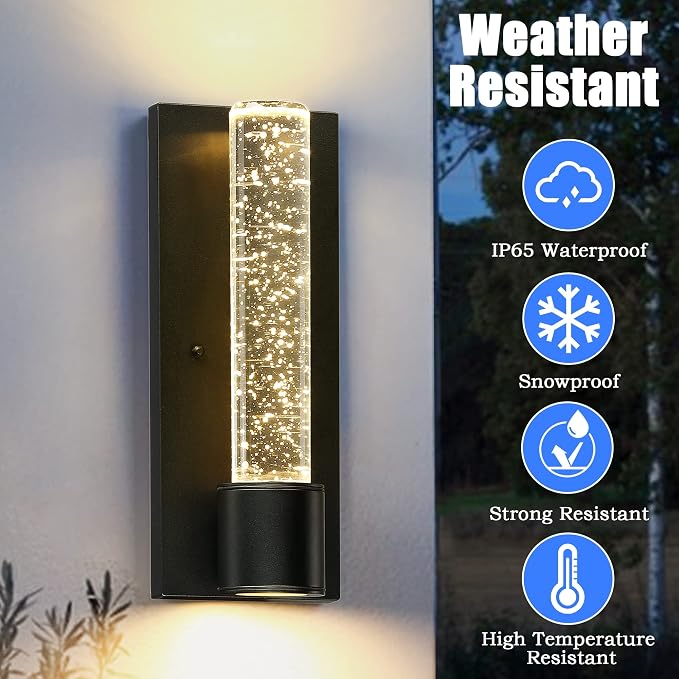 Outdoor Light Fixture with K9 Column Crystal Bubble, Exterior LED Wall Mounted Light, Modern Porch Light, Wall Sconce for Indoor and Outdoor