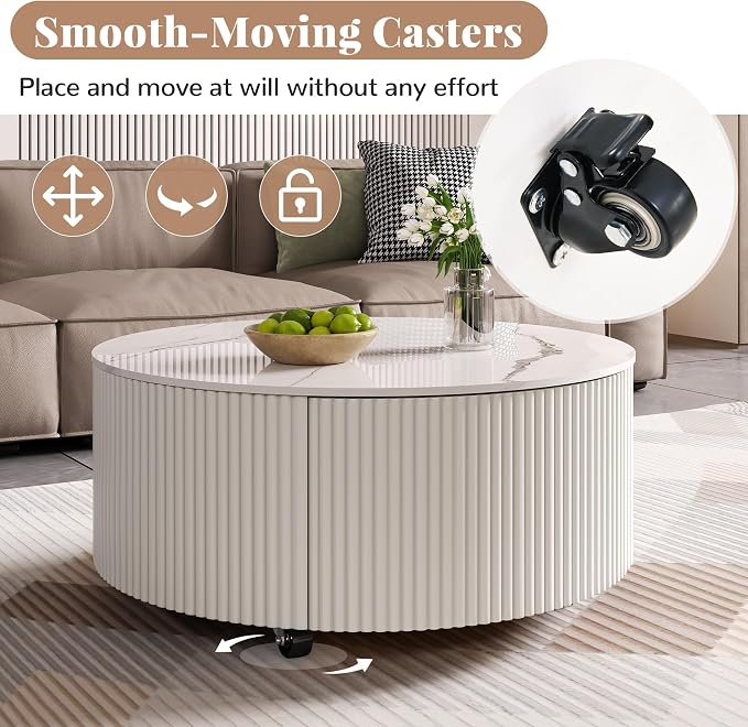 29.5'' Round Marble Coffee Table for Living Room Storage Coffee Table with 2 Drawers Modern Circle Center Tables Sintered Stone Accent Tea Tables for Apartment White