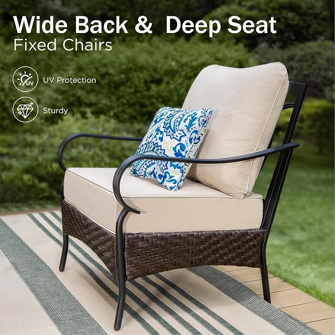 PHI VILLA Outdoor Patio Furniture Set，Premium Rattan Wicker Metal Patio Conversation Sets for Backyard w/Coffee Table, Seat Cushions