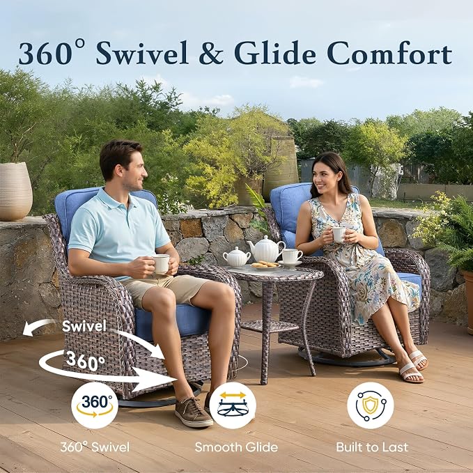 Belord Luxury 6" Thick Cushioned 8 Pieces Patio Furniture Set with Outdoor Couch, Wicker Outdoor Conversation Set with High Back Swivel Rocker Chairs for Deck Porch Yard and Poolside - Brown+Blue