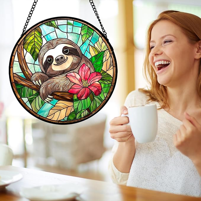 Stained Glass Window Hanging, Cute Sloth Sun Catcher for Door Home Decor Animal Suncatcher Christmas Mother's Day Birthday Gifts for Women Men Mom and Nana 15 in