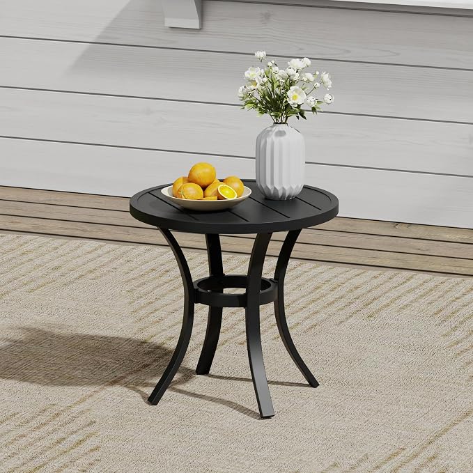 VICLLAX Outdoor Set for 2, Small Patio Table and Chairs Set of Stackable Patio Sling Chairs and Round Dining Table for Front Porch, Dark Grey Fabric and Black Table