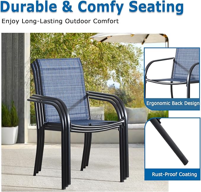 5 Piece Patio Dining Set for 4, 37.5” Black Square Table with Umbrella Hole and 4 Blue Patio Stackable Chairs, Patio Table and Chairs for Backyard, Lawn, Deck & Garden