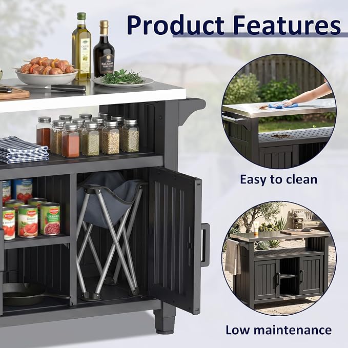 EasyUp Outdoor Storage Cabinet,Patio Storage Table, Bar Table with Wheels,Outdoor Bar Cart for Patio, Poolside and Backyard,Black