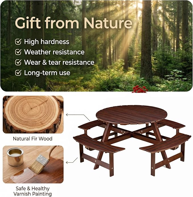 8 Person Outdoor Picnic Table, Round Dining Table with 4 Built-in Benches and Umbrella Hole, Outside Garden Backyard Table and Bench Set, 500lbs Capacity Per Bench (Brown)