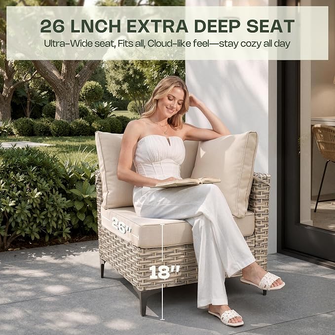 8 Pieces Patio Furniture Set, Outdoor Conversation Set with 360° Swivel Rocker Chairs, Wicker Sectional Sofa & Solar Powered Lighted Table, High Back Outdoor Furniture for Backyard Porch, Beige