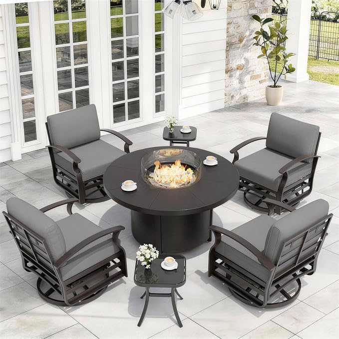 ALAULM Aluminum Patio Furniture Set with Coffee Table Rectangular, 5-seat Outdoor Sectional Furniture w/2 Swivel Chairs, Patio Conversation Set for Porch, Backyard, Poolside-Grey