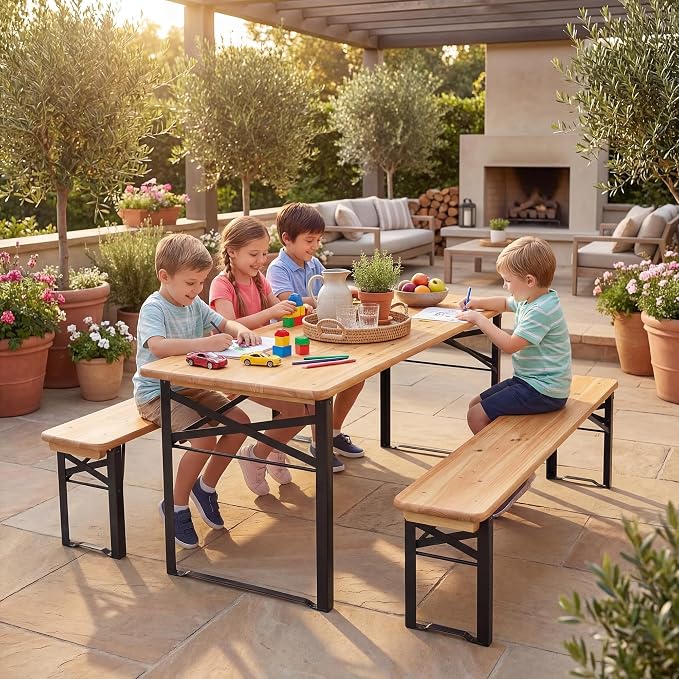 HONEY JOY Kids Picnic Table, 43.5 Inch Folding Toddler Outdoor Table & 2 Benches, Fir Wood Top & Metal Frame, No Assembly, Portable Easy to Store Camping Table and Chairs for Patio Backyard (Black)