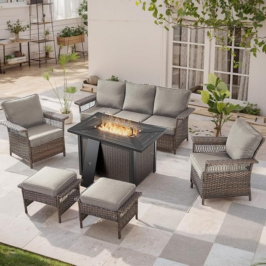 Patio Furniture Set with Fire Pit Table, 6PCS Patio Conversation Set Brown Resin Wicker Patio Chair Sofa Ottoman with 43in Rectangular Iron Outdoor Fire Table PE Rattan Furniture