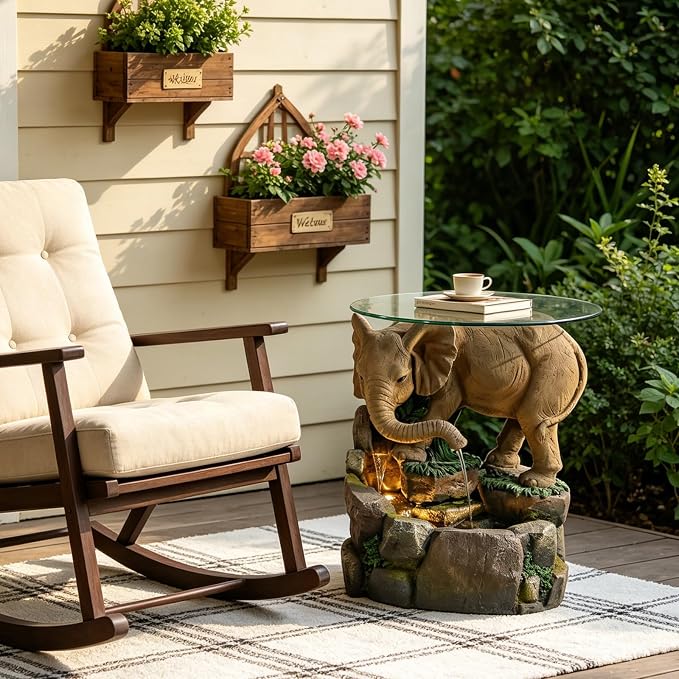 Elephant Side Table with Glass Top & Waterfall Base Patio End Table with Animal Fountain Feature 21.9" Tall Warm White LED Weatherproof Resin for Garden Living Room Home Office