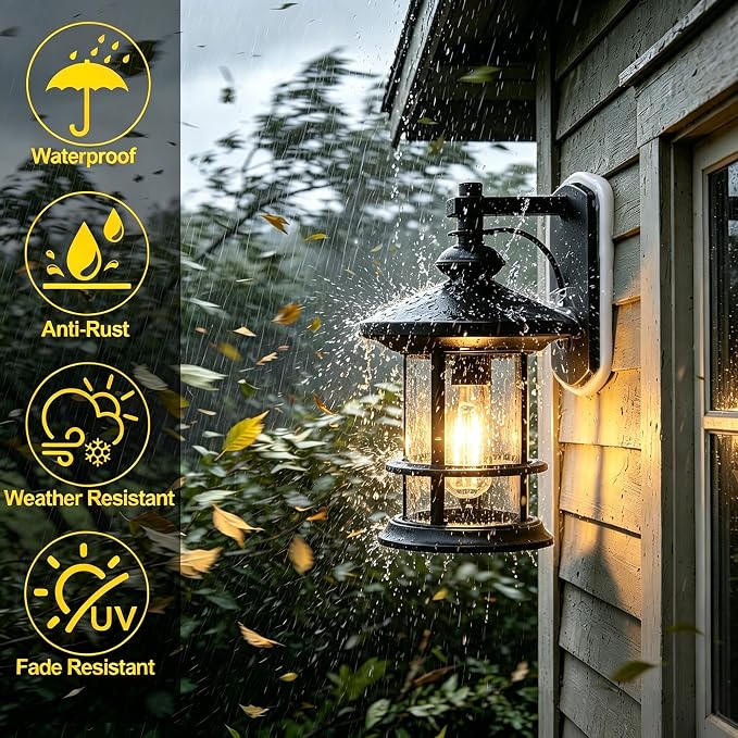 MICSIU 100W Max Modern Industrial Textured Black Outdoor Wall Light 1 Pack | 10 Inch Metal Round Exterior Wall Sconce Lighting, Clear Seedy Glass Porch Light for Entryway, Garage, Front Door
