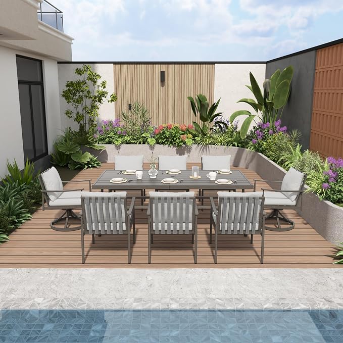9-Piece Outdoor Dining Set for 8, Aluminum Dining Set with Cushions, 6 Dining Chairs and 2 Swivel Chairs with Rope Backrest, Large Rectangular Table with Umbrella Hole for Lawn Porch Yard,Grey