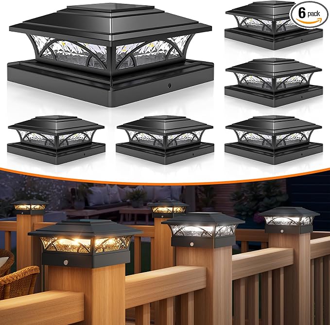 APONUO Solar Post Cap Lights 6 Pack - 4x4 5x5 6x6 Fence Post Lights, Auto On/Off, Waterproof IP64, 2-Mode (Warm/Cool White), Deck Patio Yard Solar Light for Wood & Vinyl Posts, Black