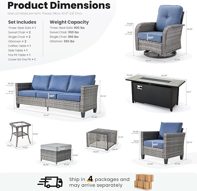 ovios 10 Pieces Patio Furniture Set, Outdoor Wicker Sofa Couch with Swivel Glider Chairs Solar Light Table Fire Pit, Modern Deep Seat Rattan Conversation Sets, Denim Blue