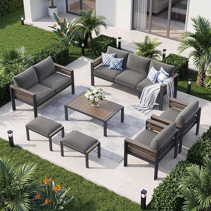DoCred Aluminum Patio Furniture Set, 7-Piece Modular Patio Conversation Set with Widened Armrests and Thickened Cushions, Metal Outdoor Furniture Set for Porch, Balcony, Deck, Yard, Poolside